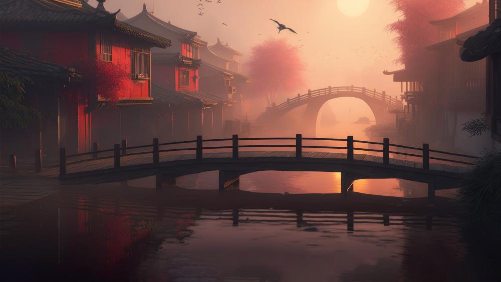 Misty Dawn in Ancient Oriental Town wallpaper