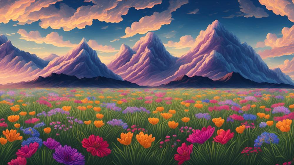 Mountain Paradise Amidst Vibrant Blossoms wallpaper