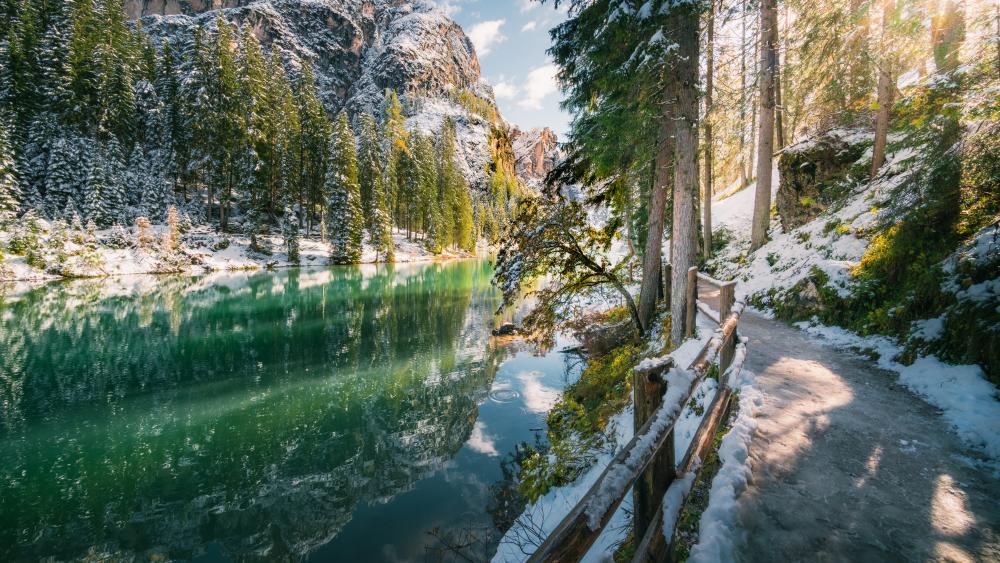 Tranquil Snow-Covered Lake Pathway wallpaper