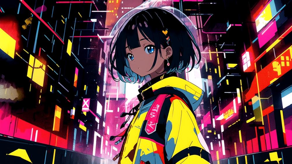 Neon City Dreamscape with Anime Girl wallpaper