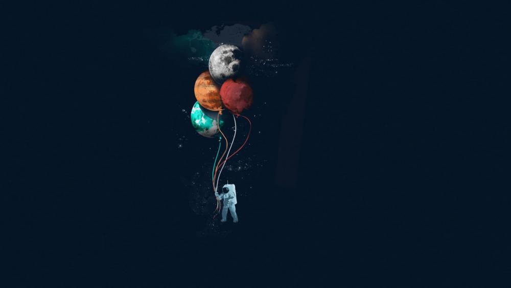 Astronaut with planets as baloons wallpaper