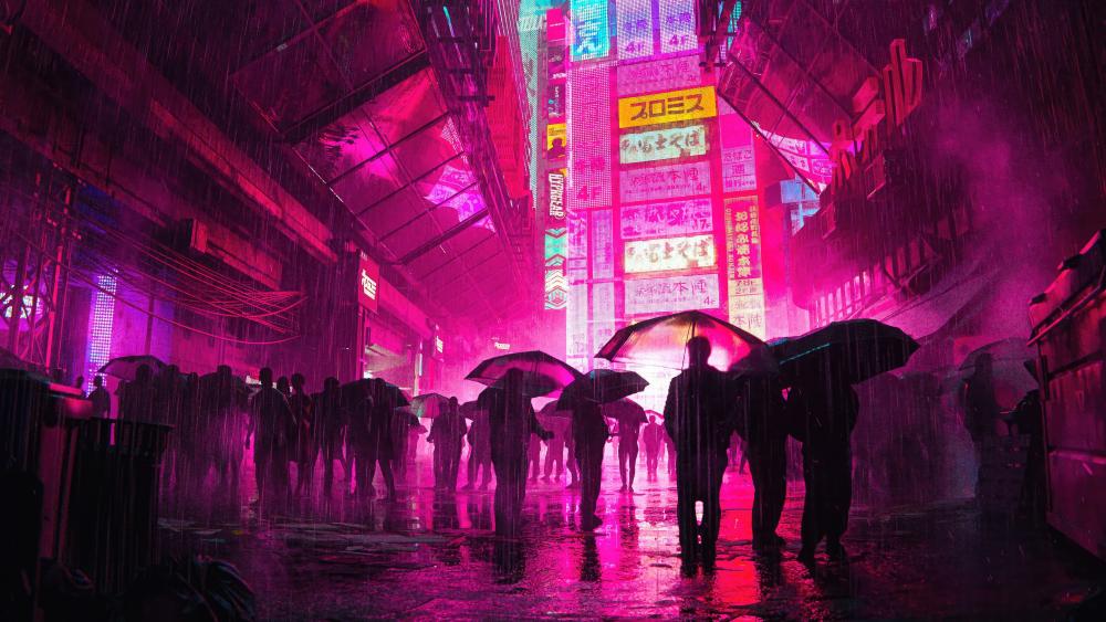 Neon Rain in Cyberpunk City wallpaper