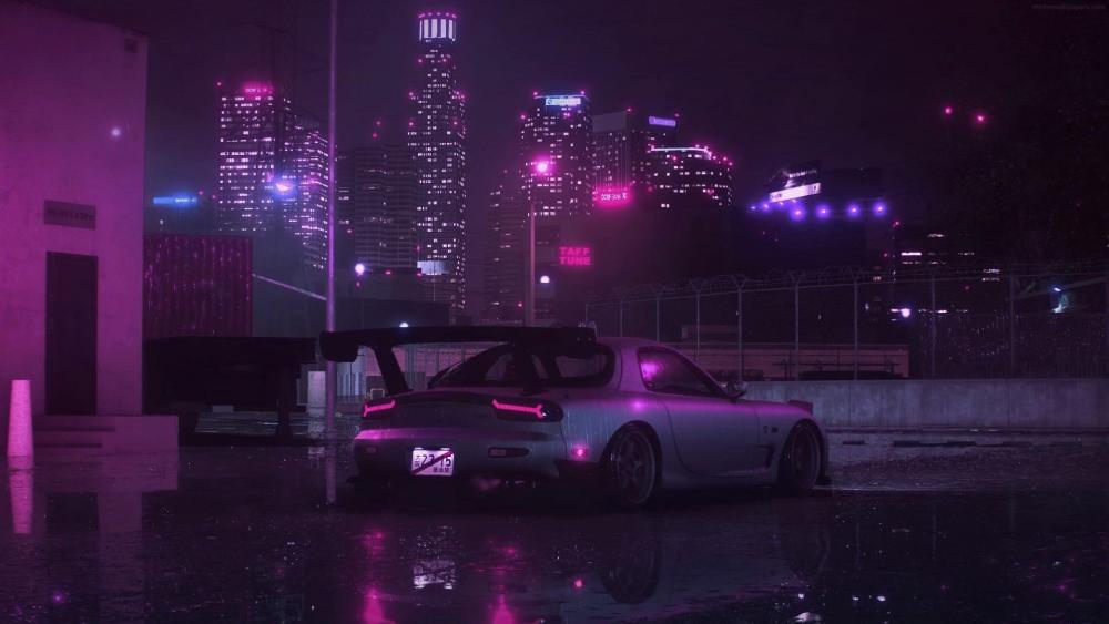 Mysterious Purple RX-7 Under Neon City Lights wallpaper