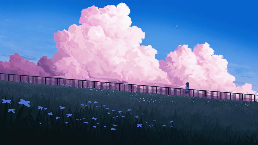 Serene Field under a Cotton Candy Sky wallpaper