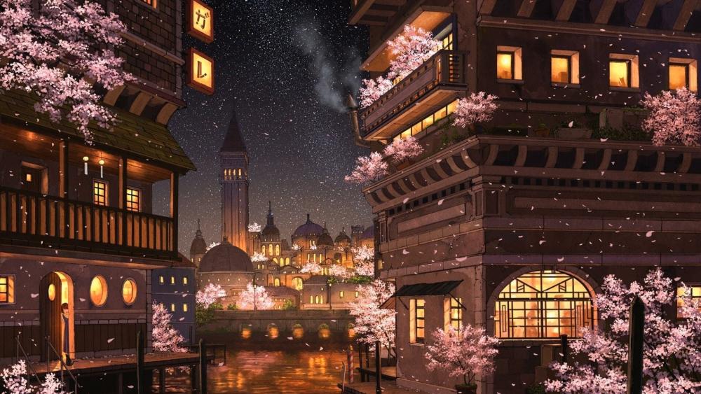 Cherry Blossoms Under Starlit Anime City Sky wallpaper