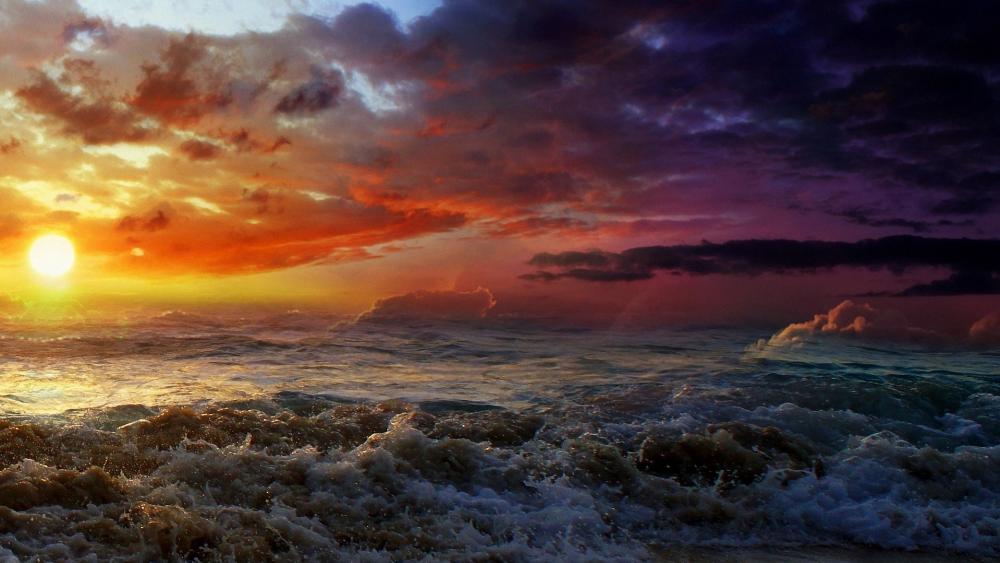 Sunset Symphony over Turbulent Seas wallpaper