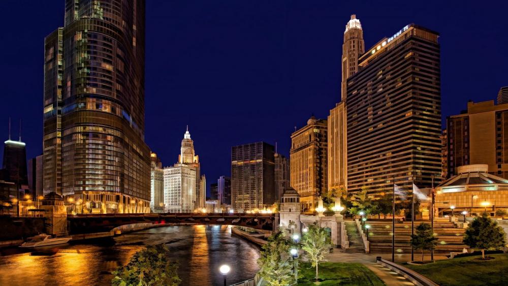 Chicago River Night View wallpaper