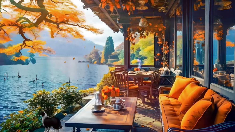 Cafe by the lake wallpaper