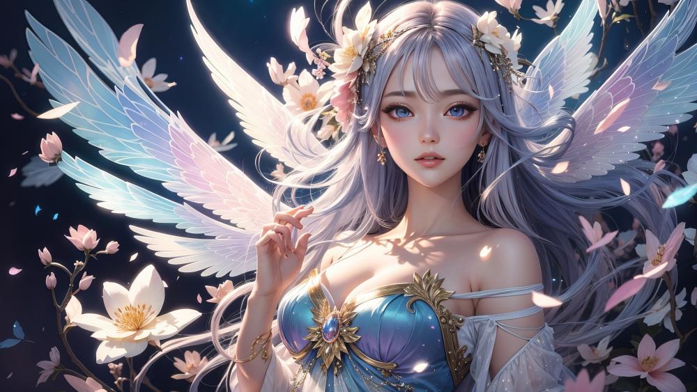 Ethereal Anime Angel Amidst Blossoms wallpaper