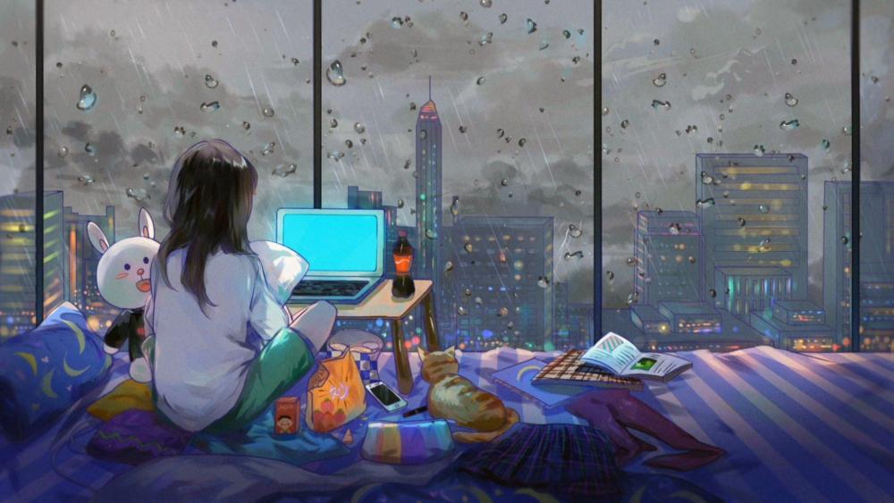 Rainy Anime Cityscape Retreat wallpaper