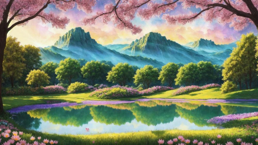 Cherry blossom pond wallpaper