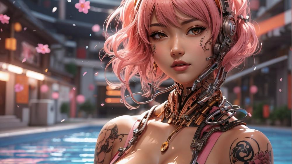 Cyberpunk Beauty Amidst Cherry Blossoms wallpaper