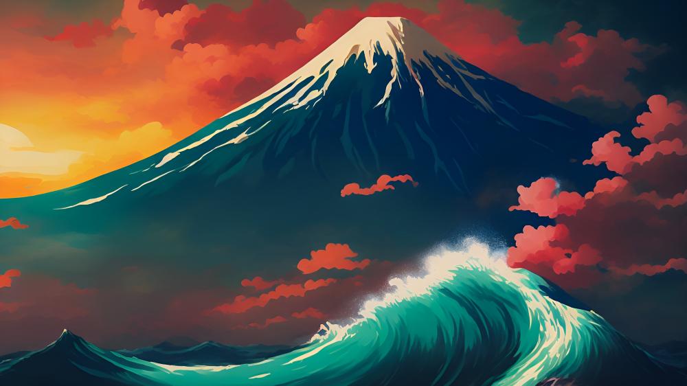 Majestic Fuji at Sunset Amidst Stormy Seas wallpaper