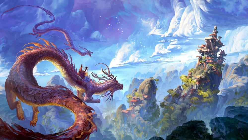 Mystic Dragon Over Oriental Peaks wallpaper
