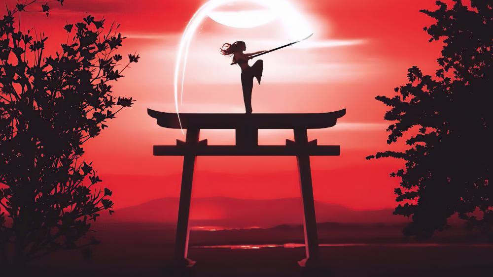Samurai Silhouette Against Crimson Sky wallpaper