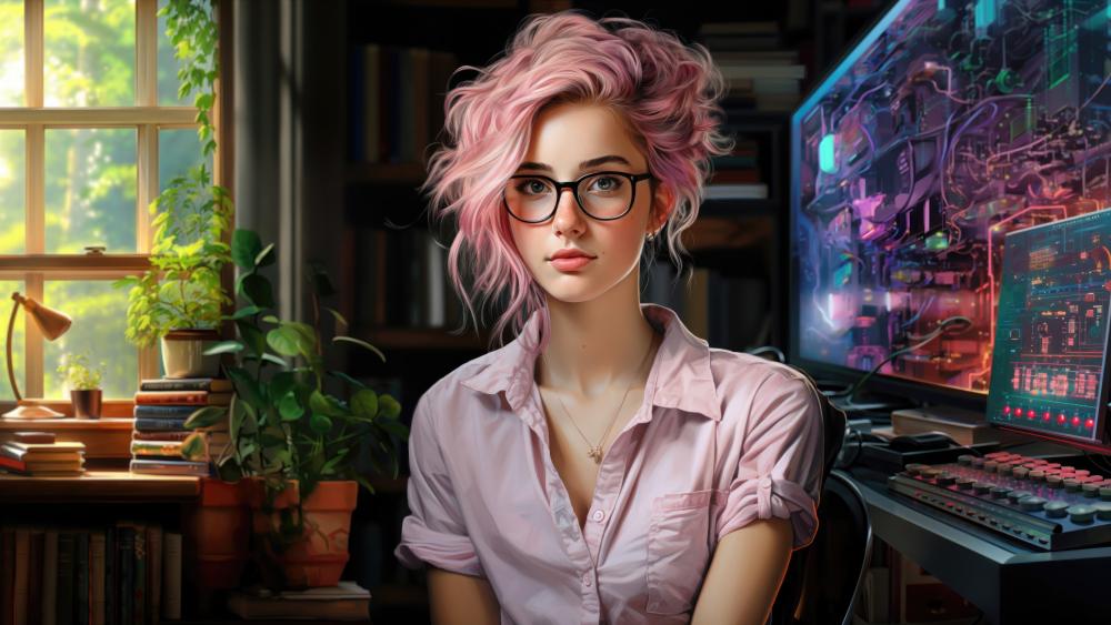 Tech-Savvy Fantasy Girl in a Home Office wallpaper