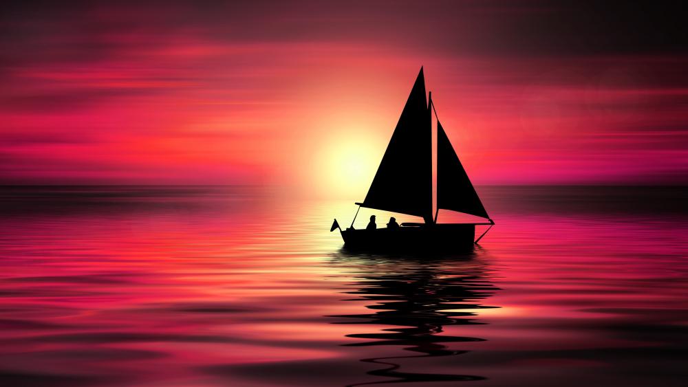 Sailboat Silhouette Against Sunset Glow wallpaper