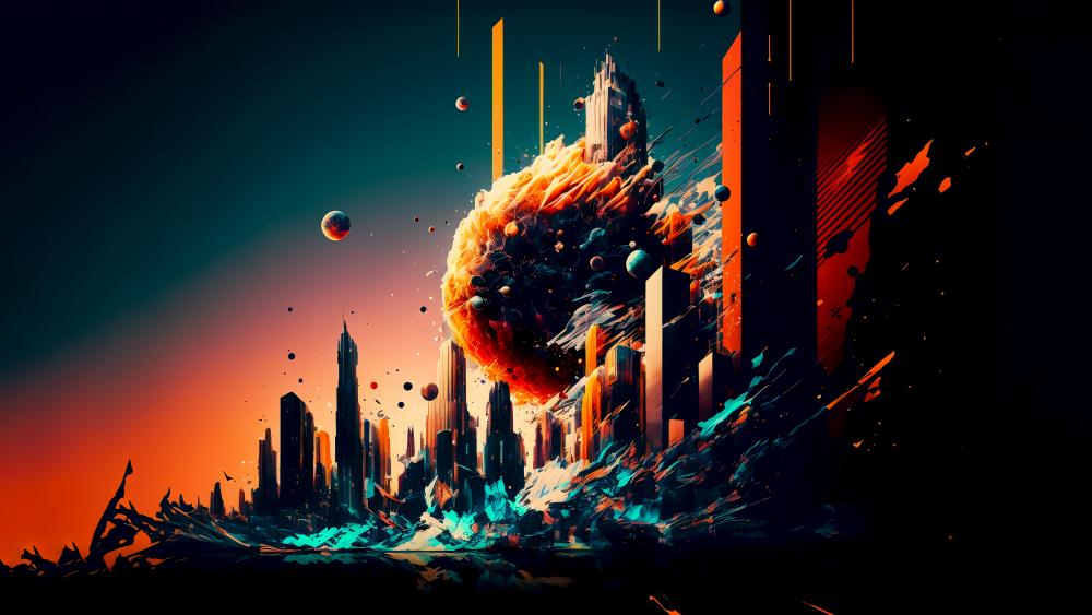 Futuristic Cityscape in Cosmic Chaos wallpaper