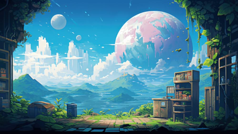 Enchanted Terrace View of a Distant World wallpaper