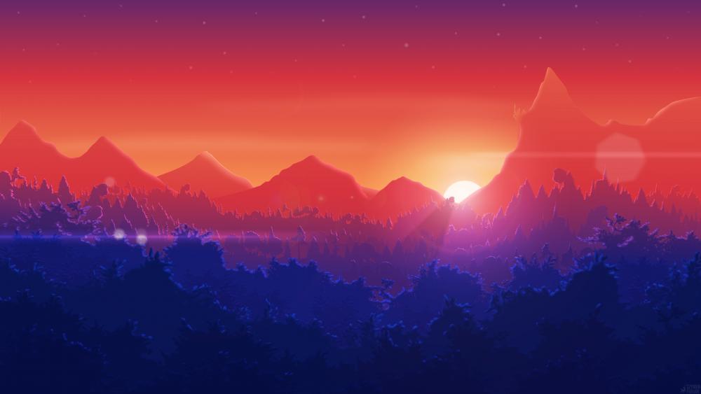 Crimson Sunset Over Mystic Mountains wallpaper