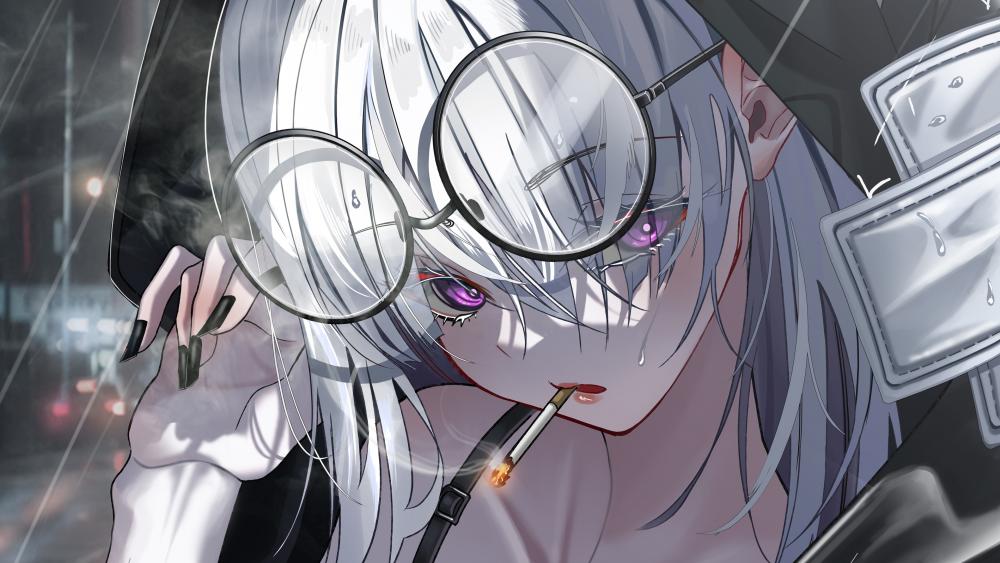 Anime girl with glasses white hair wallpaper