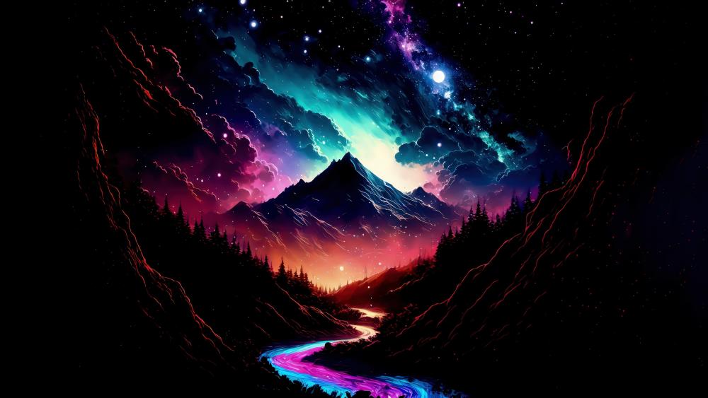 Mystical Mountain Valley Under Starry Skies wallpaper