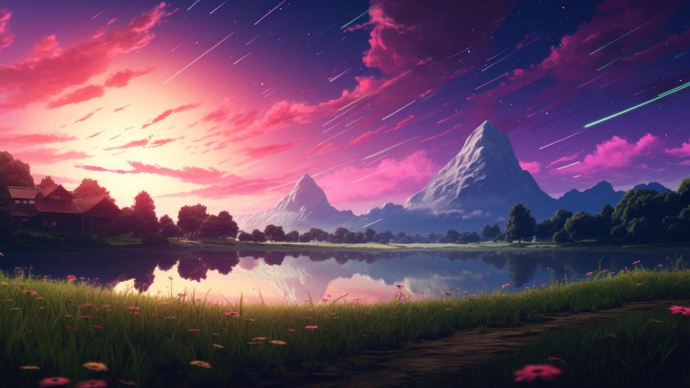 Starry Night over Tranquil Anime Lake wallpaper