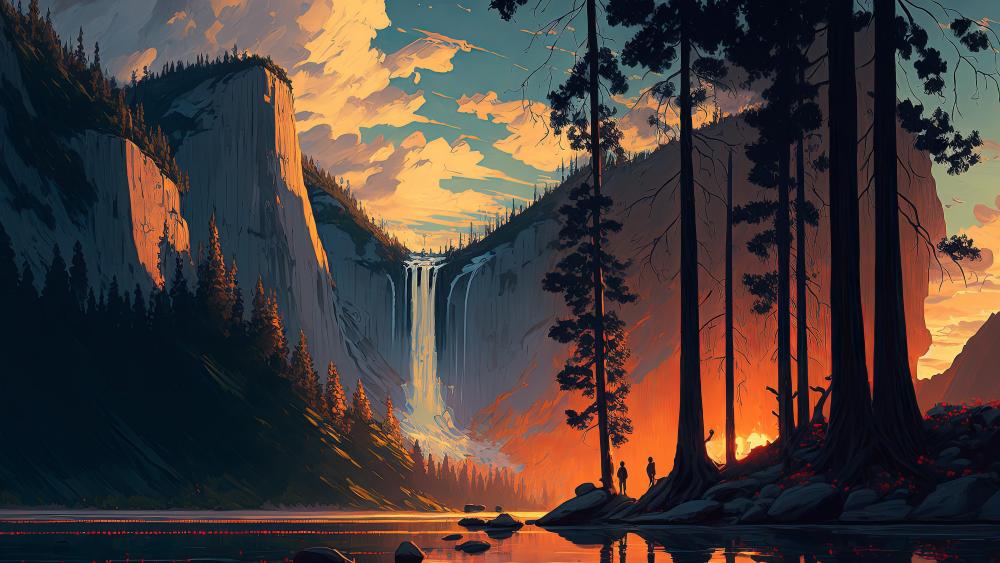 Majestic Waterfall Sunset Escape wallpaper