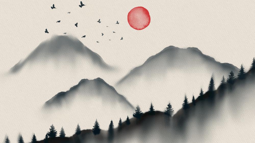 Misty Mountains and Crimson Sun wallpaper