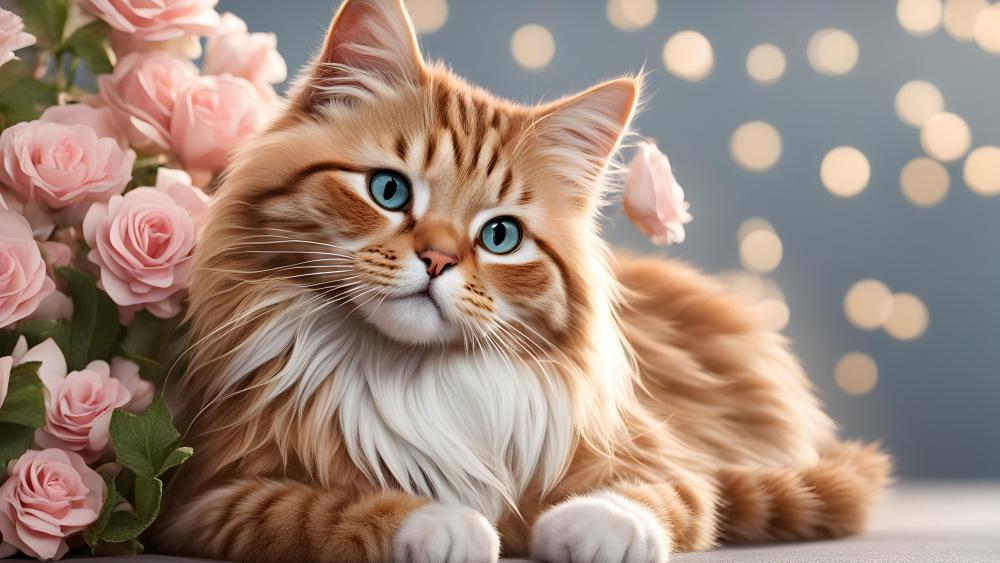 Enchanting Feline Amidst Blossoms wallpaper