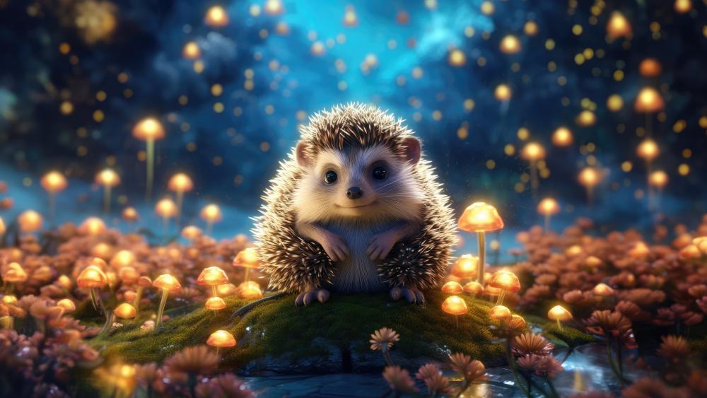 Enchanted Hedgehog in a Glowing Mushroom Forest wallpaper