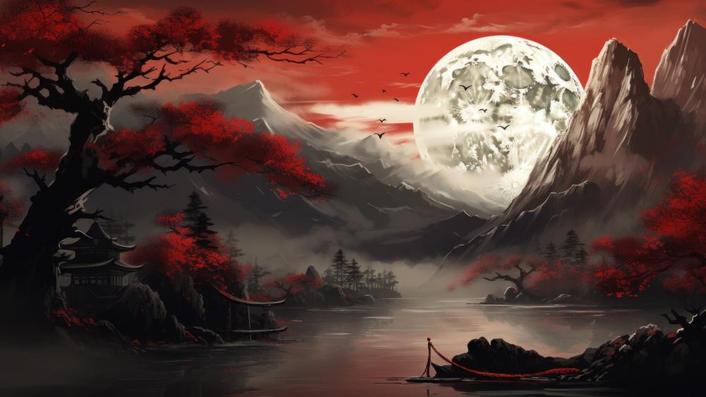 Mystical Moonlight over Oriental Waterscape wallpaper