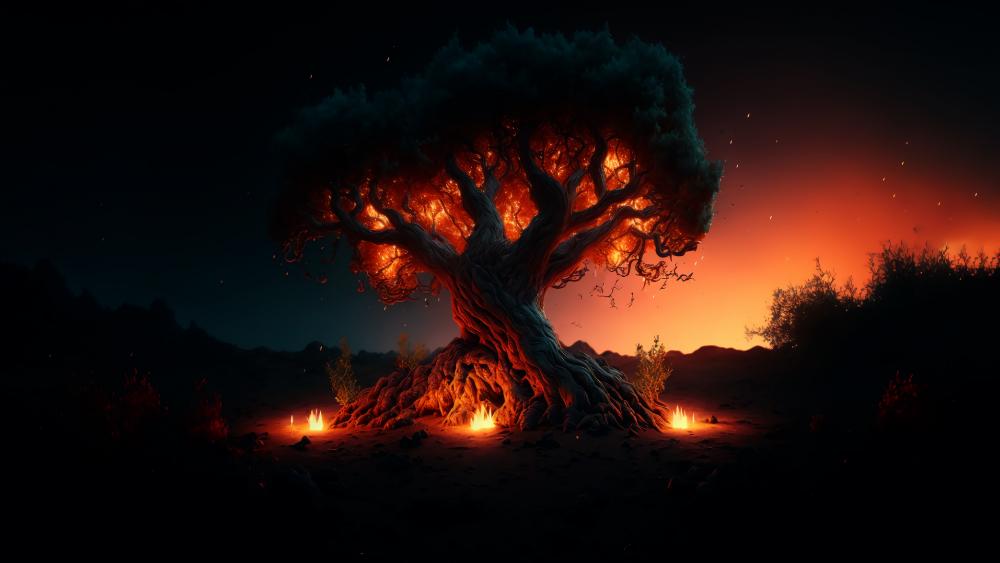 Mystical Night Tree Illuminated by Firelight wallpaper