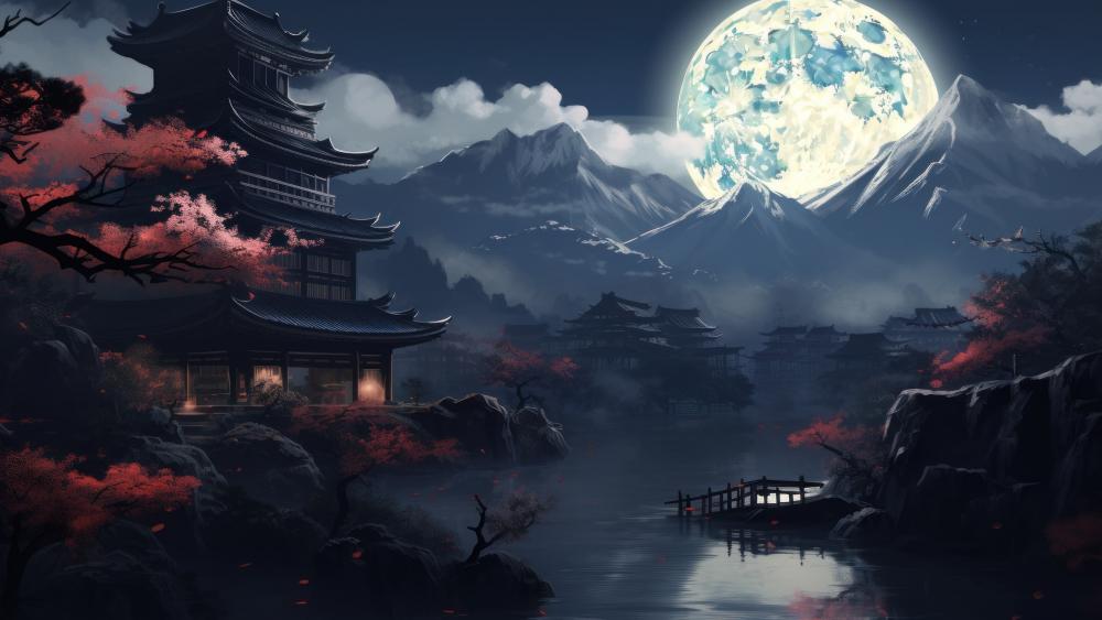 Moonlit Serenity in Ancient Japan wallpaper