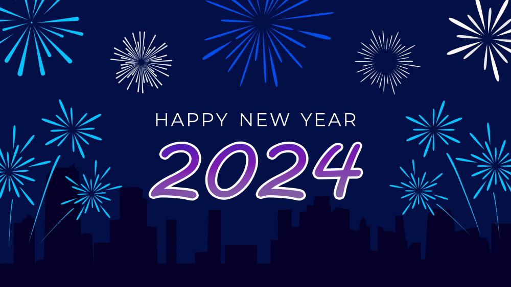 2024 Happy New Year fireworks on blue background wallpaper