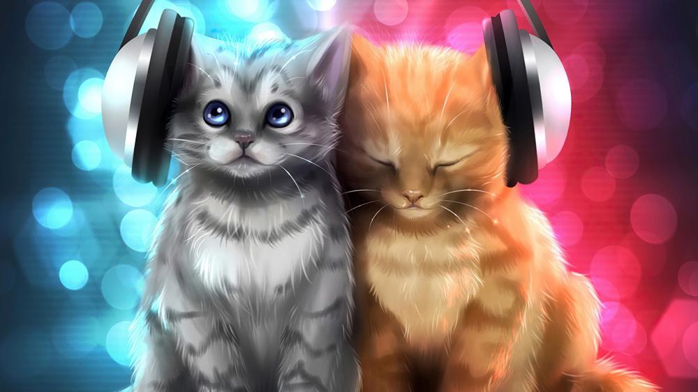 Cute kittens listening to music wallpaper