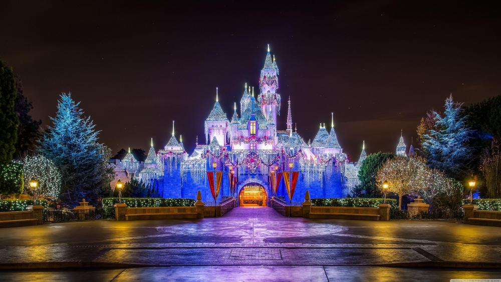 Sleeping Beauty Castle Walkthrough Christmas lights at Nighttime wallpaper