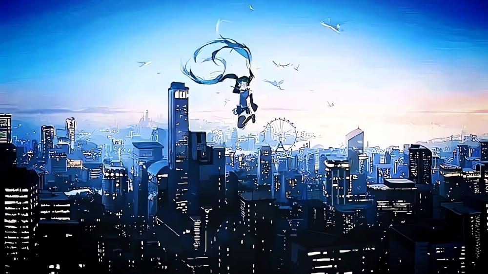 Girl Floating Above Urban Dreamscape wallpaper