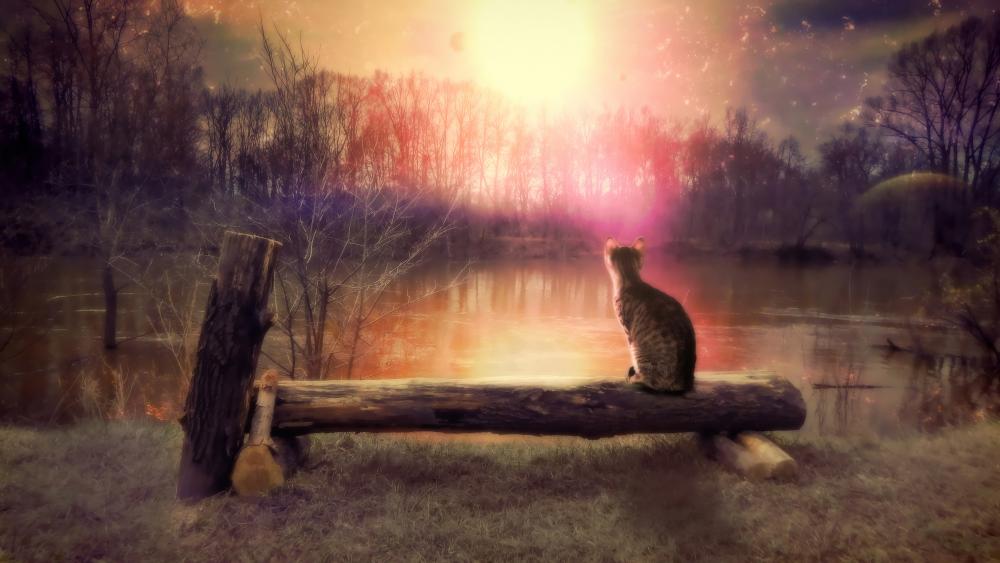 Ethereal Sunset Watcher Cat wallpaper