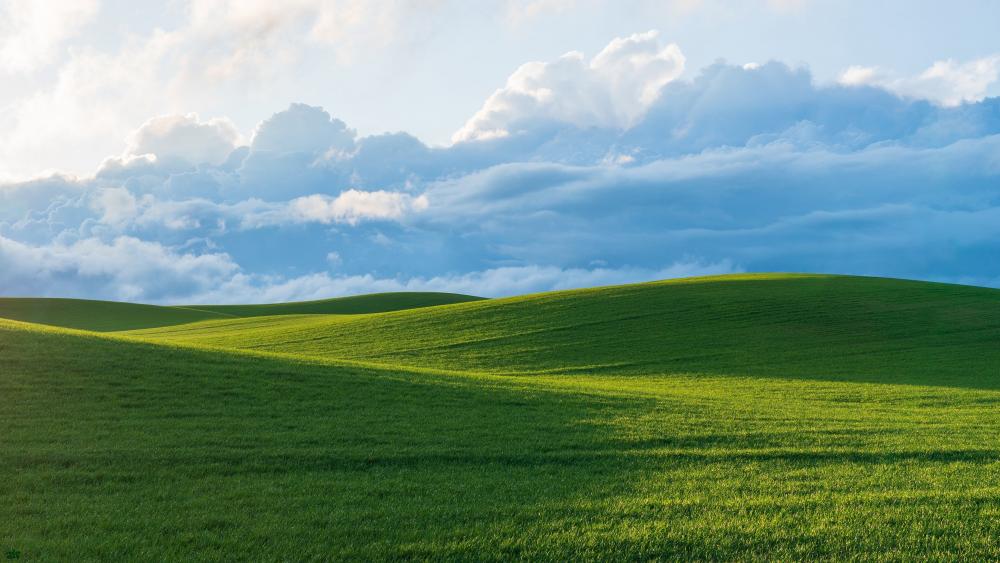 Tranquil Green Hills Under a Dynamic Sky wallpaper