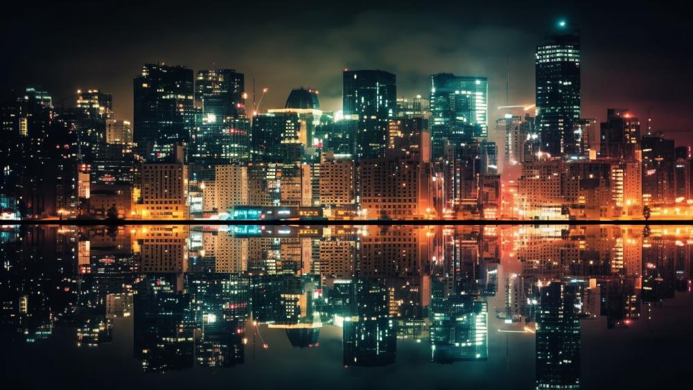 Glowing City Nightscape Reflection wallpaper