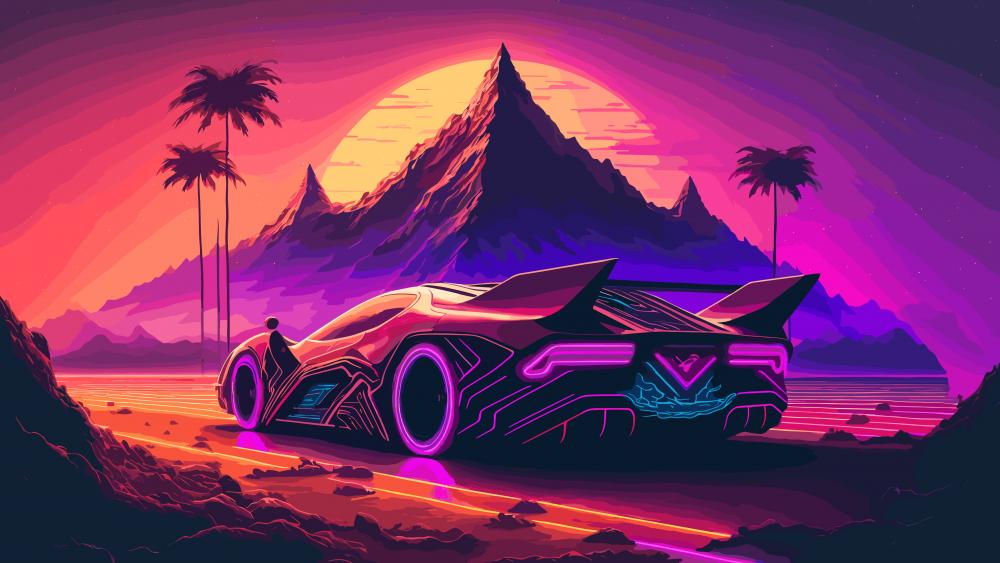 Neon Sunset and Futuristic Car wallpaper