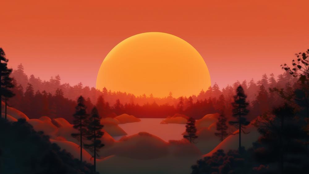 Fiery Sunset Over Serene Forest Landscape wallpaper