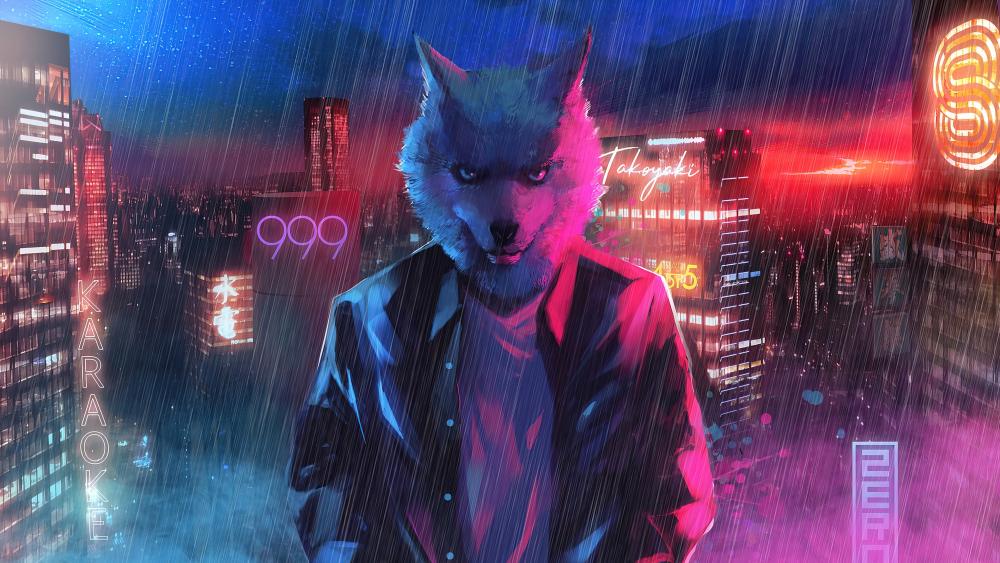 Neon Night Wolf in the City wallpaper