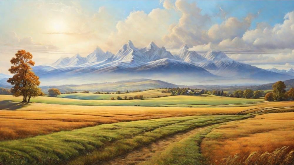 Golden Fields and Majestic Peaks wallpaper