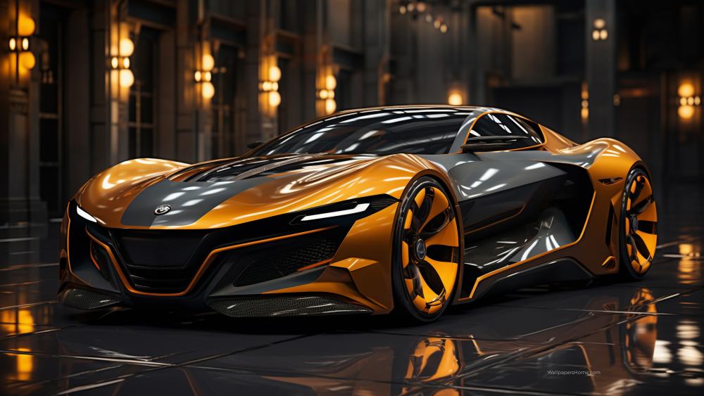 Futuristic Orange Sports Car Gleaming Elegance wallpaper