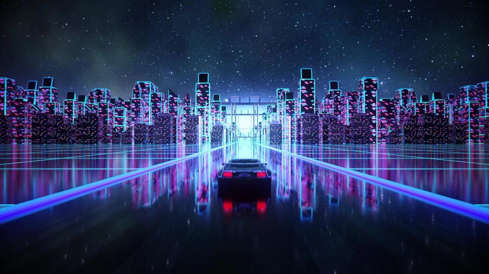 Neon City Drive Under Starlit Sky wallpaper