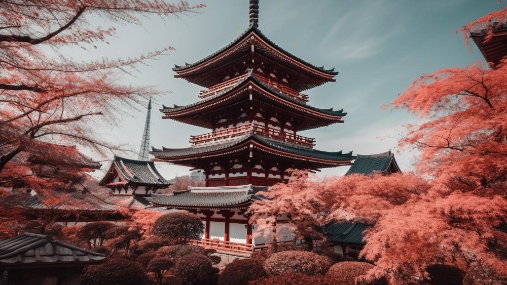 Tranquil Japanese Pagoda Amidst Autumn Bliss wallpaper