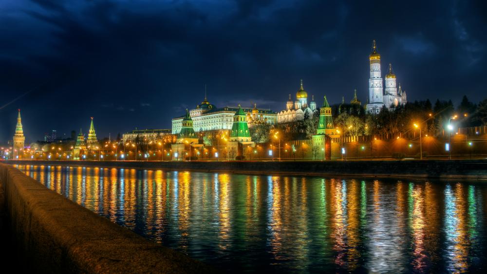 Moscow's Gleaming Riverside at Night wallpaper