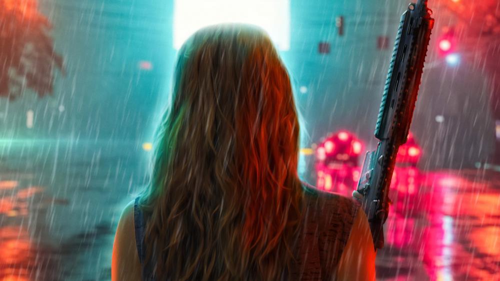 Futuristic Warrior in a Neon Rain wallpaper
